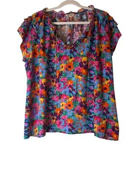 eesome Multi-Color Floral V-Neck Ruffle Cap Sleeve Blouse, size Lg